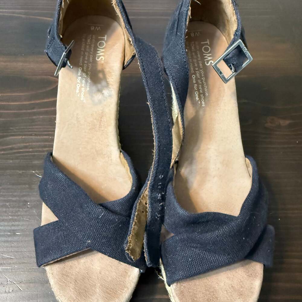Toms Sierra Women's Canvas Open Toe Criss Cross Cork Wedge Heels Black Size‎ 8.5